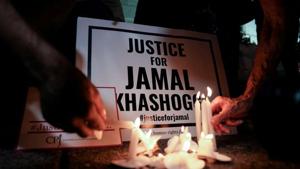 The Committee to Protect Journalists and other press freedom activists hold a candlelight vigil in front of the Saudi Embassy in Washington D.C. to mark the anniversary of the killing of journalist Jamal Khashoggi.(REUTERS) The Committee to Protect Journalists and other press freedom activists hold a candlelight vigil in front of the Saudi Embassy in Washington D.C. to mark the anniversary of the killing of journalist Jamal Khashoggi.(REUTERS)