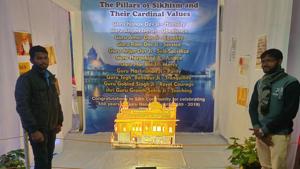 The exhibit on Sikhism at the Sector 19 church, which as per the attendants has drawn most crowd, congratulates the Sikh community on the 550th birth anniversary of Guru Nanak.(HT PHOTO) The exhibit on Sikhism at the Sector 19 church, which as per the attendants has drawn most crowd, congratulates the Sikh community on the 550th birth anniversary of Guru Nanak.(HT PHOTO)
