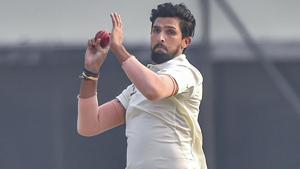 Delhi team player Ishant Sharma bowls on the second day of their Ranji Trophy cricket match.(PTI)