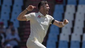 James Anderson jumps as he celebrates after dismissing South Africa's batsman Dean Elgar.(AP) James Anderson jumps as he celebrates after dismissing South Africa's batsman Dean Elgar.(AP)