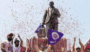 People celebrate the 127th birth anniversary of BR Ambedkar, Noida, April 14(Virendra Singh Gosain/HT PHOTO) People celebrate the 127th birth anniversary of BR Ambedkar, Noida, April 14(Virendra Singh Gosain/HT PHOTO)