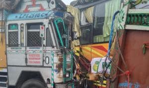 A truck and bus at the site of the accident in Bawal of Rewari district.(HT Photo)