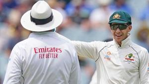 Tim Paine gestures at the giant screen to on-field umpire Marais Erasmus.(cricket.com.au/ Twitter) Tim Paine gestures at the giant screen to on-field umpire Marais Erasmus.(cricket.com.au/ Twitter)