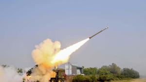 A Pinaka missile is test-fired during a trial conducted by Defence Research and Development Organisation (DRDO) at Chandipur in Baleswar district of Odisha.(PTI Photo) A Pinaka missile is test-fired during a trial conducted by Defence Research and Development Organisation (DRDO) at Chandipur in Baleswar district of Odisha.(PTI Photo)