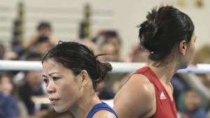 New Delhi: Boxer Mary Kom during her bout against Nikhat Zareen in the 51kg category finals of the women's boxing trials for Olympics 2020 qualifiers, in New Delhi.(PTI)