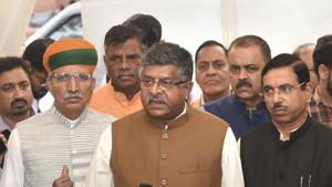 Union Ministers Ravi Shankar Prasad, Arjun Ram Meghwal and Pralhad Joshi address the media.(PTI Photo) Union Ministers Ravi Shankar Prasad, Arjun Ram Meghwal and Pralhad Joshi address the media.(PTI Photo)