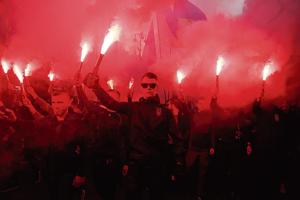 Members of a white nationalist group during a rally in Ukraine in October 2019.(AP) Members of a white nationalist group during a rally in Ukraine in October 2019.(AP)