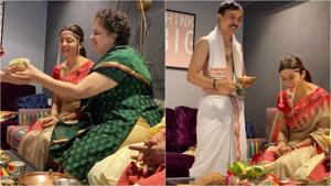 Nehha Pendse in a wedding ritual with her family. Nehha Pendse in a wedding ritual with her family.