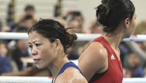 Boxer Mary Kom during her bout against Nikhat Zareen(PTI)