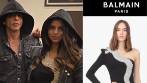 Suhana wore an asymmetrical one-shouldered black Balmain knit mini dress that she paired with strappy golden heels, the dress had a very interesting dragon detailing at the neckline.(INSTAGRAM, Balmain website) Suhana wore an asymmetrical one-shouldered black Balmain knit mini dress that she paired with strappy golden heels, the dress had a very interesting dragon detailing at the neckline.(INSTAGRAM, Balmain website)
