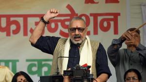 Union Minister Giriraj Singh speaks during a protest organised by Population Solution Foundation.(HT PHOTO) Union Minister Giriraj Singh speaks during a protest organised by Population Solution Foundation.(HT PHOTO)