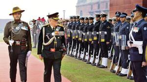 Chief of Defence Staff (CDS) General Bipin Rawat inspects the Guard of Honour, at South Block lawns, in New Delhi on January 1.(Arvind Yadav / Hindustan Times) Chief of Defence Staff (CDS) General Bipin Rawat inspects the Guard of Honour, at South Block lawns, in New Delhi on January 1.(Arvind Yadav / Hindustan Times)