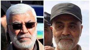 Combination of file photos showing (L) Abu Mahdi al-Muhandis, a commander in the Popular Mobilization Forces, attending a funeral procession of Hashd al-Shaabi (paramilitary forces) members, who were killed by U.S. air strikes in Qaim district, at the Green zone in Baghdad, Iraq December 31, 2019 and (R) Iranian Revolutionary Guard Commander Qassem Soleimani standing at the frontline during offensive operations against Islamic State militants in the town of Tal Ksaiba in Salahuddin province.(REUTERS) Combination of file photos showing (L) Abu Mahdi al-Muhandis, a commander in the Popular Mobilization Forces, attending a funeral procession of Hashd al-Shaabi (paramilitary forces) members, who were killed by U.S. air strikes in Qaim district, at the Green zone in Baghdad, Iraq December 31, 2019 and (R) Iranian Revolutionary Guard Commander Qassem Soleimani standing at the frontline during offensive operations against Islamic State militants in the town of Tal Ksaiba in Salahuddin province.(REUTERS)