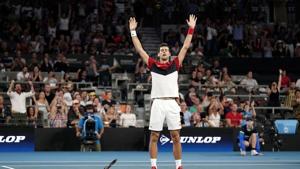 Novak Djokovic reacts after winning his singles match against Kevin Anderson.(REUTERS) Novak Djokovic reacts after winning his singles match against Kevin Anderson.(REUTERS)