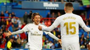 Real Madrid's Luka Modric celebrates scoring their third goal with Federico Valverde.(REUTERS) Real Madrid's Luka Modric celebrates scoring their third goal with Federico Valverde.(REUTERS)