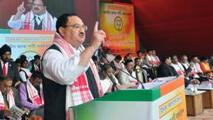 BJP working president JP Nadda addresses the party's booth level president and elected representatives' meet to support the new Citizenship law, in Guwahati on Saturday.(ANI Photo) BJP working president JP Nadda addresses the party's booth level president and elected representatives' meet to support the new Citizenship law, in Guwahati on Saturday.(ANI Photo)