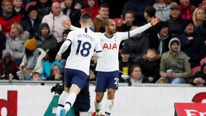 Tottenham Hotspur's Lucas Moura celebrates scoring their first goal with Giovani Lo Celso.(Action Images via Reuters) Tottenham Hotspur's Lucas Moura celebrates scoring their first goal with Giovani Lo Celso.(Action Images via Reuters)