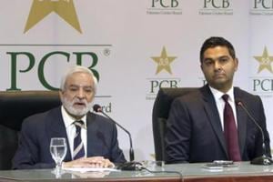 Pakistan Cricket Board's new managing director Wasim Khan, right, looks on during a press conference with the PCB Chairman Ehsan Mani in Lahore, Pakistan.(AP) Pakistan Cricket Board's new managing director Wasim Khan, right, looks on during a press conference with the PCB Chairman Ehsan Mani in Lahore, Pakistan.(AP)