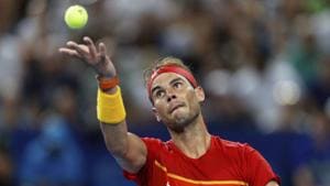 Rafael Nadal of Spain serves to Pablo Cuevas of Uruguay.(AP) Rafael Nadal of Spain serves to Pablo Cuevas of Uruguay.(AP)