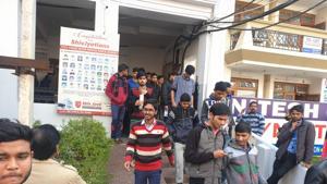 JEE Main 2020 was held at 10 examination centers in Kota on Tuesday. Students coming out after the JEE main 2020 exam at a centre in Kota on Tuesday.(HT photo) JEE Main 2020 was held at 10 examination centers in Kota on Tuesday. Students coming out after the JEE main 2020 exam at a centre in Kota on Tuesday.(HT photo)