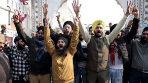 Sikh community people shout slogans during a protest against the attack on Pakistan's Nankana Sahib Gurdwara, in Jammu, on Saturday, January 04, 2020.(Photo: Nitin Kanotra / Hindustan Times) Sikh community people shout slogans during a protest against the attack on Pakistan's Nankana Sahib Gurdwara, in Jammu, on Saturday, January 04, 2020.(Photo: Nitin Kanotra / Hindustan Times)