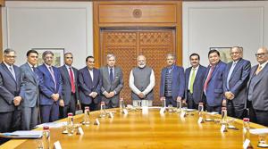 Prime Minister Narendra Modi poses for a group photo with Reliance Industries chairman Mukesh Ambani, Tata Group patriarch Ratan Tata, Business tycoon Anand Mahindra and others during an interaction with leading business leaders, in New Delhi, Jan. 6, 2020.(PTI) Prime Minister Narendra Modi poses for a group photo with Reliance Industries chairman Mukesh Ambani, Tata Group patriarch Ratan Tata, Business tycoon Anand Mahindra and others during an interaction with leading business leaders, in New Delhi, Jan. 6, 2020.(PTI)