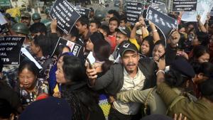 Demonstrators protest against the CAA during a strike called by NESO, in Agartala on December 11, 2019.(PTI Photo) Demonstrators protest against the CAA during a strike called by NESO, in Agartala on December 11, 2019.(PTI Photo)