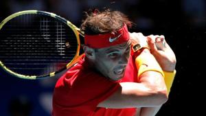 Spain's Rafael Nadal in action during his Group B singles match against Japan's Yoshihito Nishioka.(REUTERS) Spain's Rafael Nadal in action during his Group B singles match against Japan's Yoshihito Nishioka.(REUTERS)