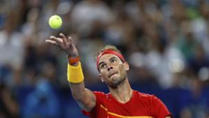 Rafael Nadal of Spain serves to Pablo Cuevas of Uruguay during their match at the ATP Cup in Perth.(AP) Rafael Nadal of Spain serves to Pablo Cuevas of Uruguay during their match at the ATP Cup in Perth.(AP)