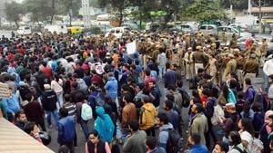 The protesters, carrying placards and banners, started a march from Mandi House towards the HRD Ministry. (Representational image)(HT file) The protesters, carrying placards and banners, started a march from Mandi House towards the HRD Ministry. (Representational image)(HT file)