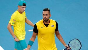 Australia's Alex de Minaur and Nick Kyrgios react during their Quarter Final doubles match.(REUTERS) Australia's Alex de Minaur and Nick Kyrgios react during their Quarter Final doubles match.(REUTERS)