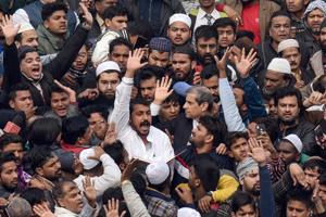 Bhim Army Chief Chandrashekhar Azad raises slogans during a protest against Citizenship Amendment Act (CAA) at Jama Masjid on December 20, 2019.(PTI) Bhim Army Chief Chandrashekhar Azad raises slogans during a protest against Citizenship Amendment Act (CAA) at Jama Masjid on December 20, 2019.(PTI)