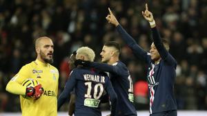PSG's Kylian Mbappe, right, celebrates after scoring for his team.(AP) PSG's Kylian Mbappe, right, celebrates after scoring for his team.(AP)