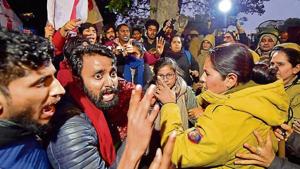 Protesting students alleged that the police used force to disperse them at Shastri Bhavan, causing injuries to many of them.(HT Photo) Protesting students alleged that the police used force to disperse them at Shastri Bhavan, causing injuries to many of them.(HT Photo)