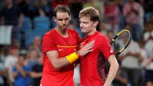 Belgium's David Goffin and Spain's Rafael Nadal meet at the net after their quarter final singles match.(REUTERS) Belgium's David Goffin and Spain's Rafael Nadal meet at the net after their quarter final singles match.(REUTERS)