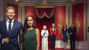 The figures of Britain's Prince Harry and Meghan, Duchess of Sussex, left, are moved from their original positions next to Queen Elizabeth II, Prince Philip and Prince William and Kate, Duchess of Cambridge, at Madame Tussauds in London, Thursday Jan. 9, 2020.(AP) The figures of Britain's Prince Harry and Meghan, Duchess of Sussex, left, are moved from their original positions next to Queen Elizabeth II, Prince Philip and Prince William and Kate, Duchess of Cambridge, at Madame Tussauds in London, Thursday Jan. 9, 2020.(AP)