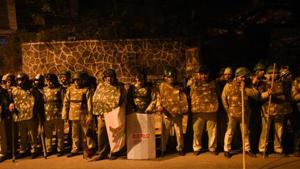 Police personnel outside the main gate of JNU campus, New Delhi, December 6, 2020(Amal KS/HTPhoto) Police personnel outside the main gate of JNU campus, New Delhi, December 6, 2020(Amal KS/HTPhoto)
