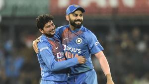 Indian bowler Kuldeep Yadav celebrates the wicket of Sri Lankan batsman Kusal Perera with Virat Kohli.(PTI) Indian bowler Kuldeep Yadav celebrates the wicket of Sri Lankan batsman Kusal Perera with Virat Kohli.(PTI)