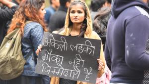 DU students and members of Asmita Theatre Group hjold placards and shout slogans during a protest against government as Nirbhaya and other rape survivors haven't received justice, on the seventh anniversary of the Nirbhaya rape case, at Jantar Mantar in New Delhi.(Raj K Raj/HT PHOTO) DU students and members of Asmita Theatre Group hjold placards and shout slogans during a protest against government as Nirbhaya and other rape survivors haven't received justice, on the seventh anniversary of the Nirbhaya rape case, at Jantar Mantar in New Delhi.(Raj K Raj/HT PHOTO)