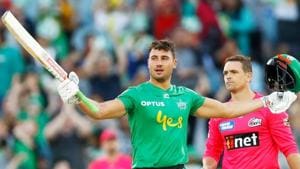 Marcus Stoinis reacts after scoring a ton in BBL.(cricket.com.au/ Twitter)