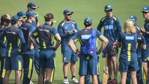 Australian captain Aaron Finch along with his teammates during a training session.(PTI) Australian captain Aaron Finch along with his teammates during a training session.(PTI)