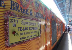 The Tejas Express India’s First semi-high speed, fully airconditioned train was flagged off by Union railway minister Suresh Prabhu from CST for Goa in May 2017.(Photo by Bhushan Koyande/ Hindustan Times) The Tejas Express India’s First semi-high speed, fully airconditioned train was flagged off by Union railway minister Suresh Prabhu from CST for Goa in May 2017.(Photo by Bhushan Koyande/ Hindustan Times)