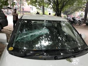 PUCSC vice-president Rahul Kumar’s car was vandalised outside boys’ hostel number 4 of the university.(HT PHOTO) PUCSC vice-president Rahul Kumar’s car was vandalised outside boys’ hostel number 4 of the university.(HT PHOTO)