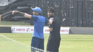 Hardik Pandya helps a security person who was hit on the chest by a ball during Team India’s practice session at the Wankhede Stadium in Mumbai ahead of the 1st ODI against Australia.(HT Photo/Anshuman Poyrekar) Hardik Pandya helps a security person who was hit on the chest by a ball during Team India’s practice session at the Wankhede Stadium in Mumbai ahead of the 1st ODI against Australia.(HT Photo/Anshuman Poyrekar)