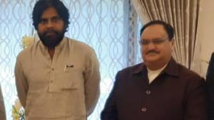 Jana Sena Party chief Pawan Kalyan met BJP’s working president J P Nadda in New Delhi on Monday.(HT Photo) Jana Sena Party chief Pawan Kalyan met BJP’s working president J P Nadda in New Delhi on Monday.(HT Photo)
