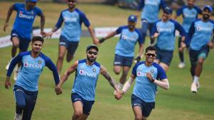 Indian captain Virat Kohli, Shreyas Iyer and Navdeep Saini run during a training session.(PTI) Indian captain Virat Kohli, Shreyas Iyer and Navdeep Saini run during a training session.(PTI)