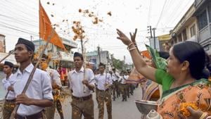 RSS workers participate in path-sanchalan (route march) in West Bengal in June 2019.(PTI File Photo) RSS workers participate in path-sanchalan (route march) in West Bengal in June 2019.(PTI File Photo)