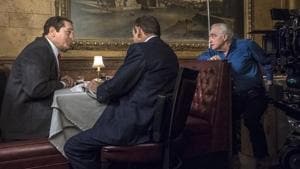 This image released by Netflix shows director Martin Scorsese, right, with actors Robert De Niro, left, and Joe Pesci on the set of The Irishman.(AP) This image released by Netflix shows director Martin Scorsese, right, with actors Robert De Niro, left, and Joe Pesci on the set of The Irishman.(AP)