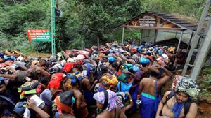 Devotees in queue at the Pamba base camp to enter the shrine at Sabarimala temple in Pathanamthitta, Kerala in November 2019.(Vivek R Nair/HT File Photo) Devotees in queue at the Pamba base camp to enter the shrine at Sabarimala temple in Pathanamthitta, Kerala in November 2019.(Vivek R Nair/HT File Photo)
