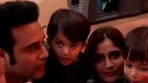 Krushna Abhishek poses with sister Arti Singh and his two kids in Bigg Boss 13 house. Krushna Abhishek poses with sister Arti Singh and his two kids in Bigg Boss 13 house.